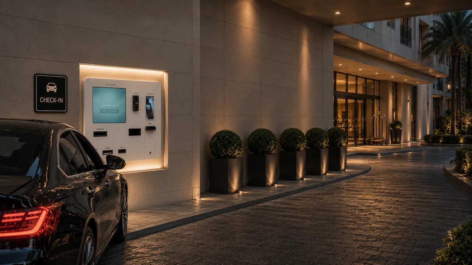 Quiosque de check-in Roommatik L-401 instalado num hotel